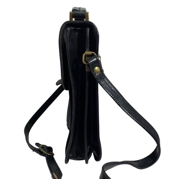 Vintage 80s Black Leather Top Handle Accordion Shoulder Bag Front Flap Clasp - Picture 2 of 11